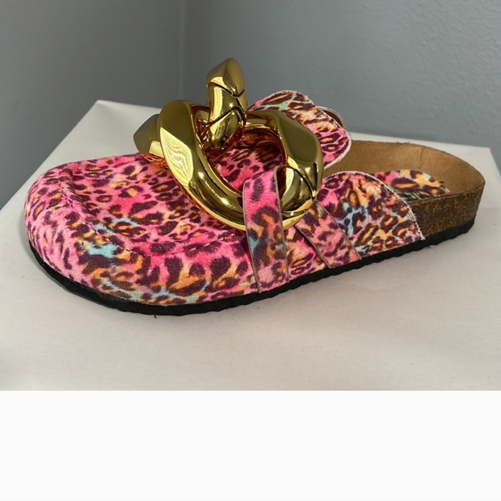 New Cape Robbin Colinda Pink Leopard Slip On Big Buckle Gold Slide Mule Sandal - Picture 5 of 10
